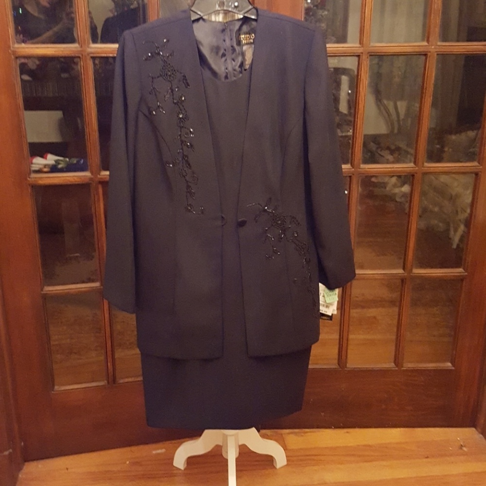 NWT Studio One Black Beaded Mock Suit Dress 12P